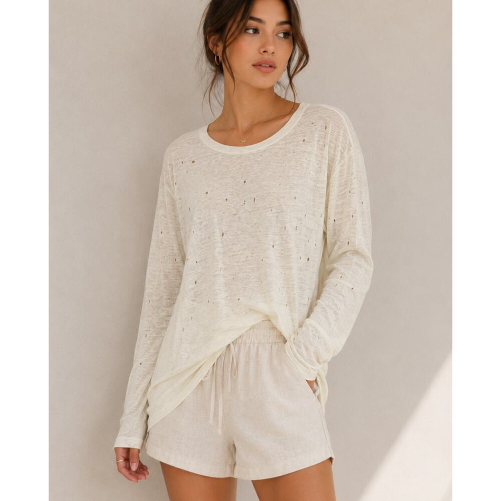 Iro Linen Cream Crew Neck Distressed Pullover Sweater Womens XS Oversized Beachy